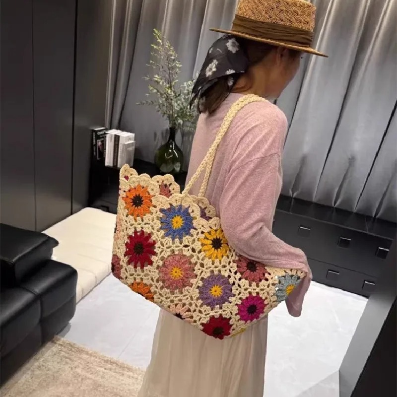 Crochet Market Bag - Vintage Flowers Handmade Knitting Crochet Shoulder