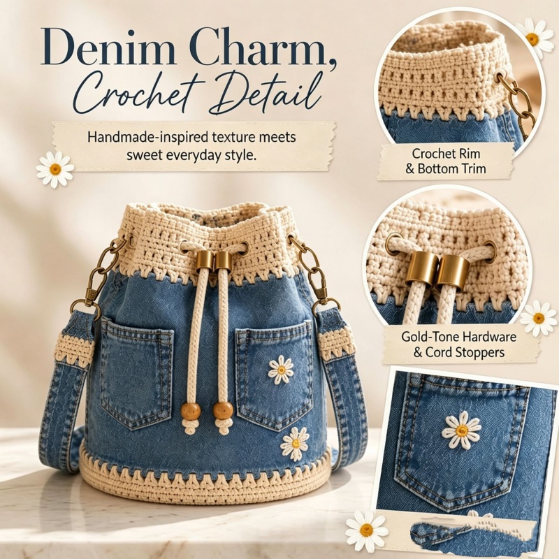 Denim Crochet Bucket Bag Handm - Crochet Market Bag 评论和价格