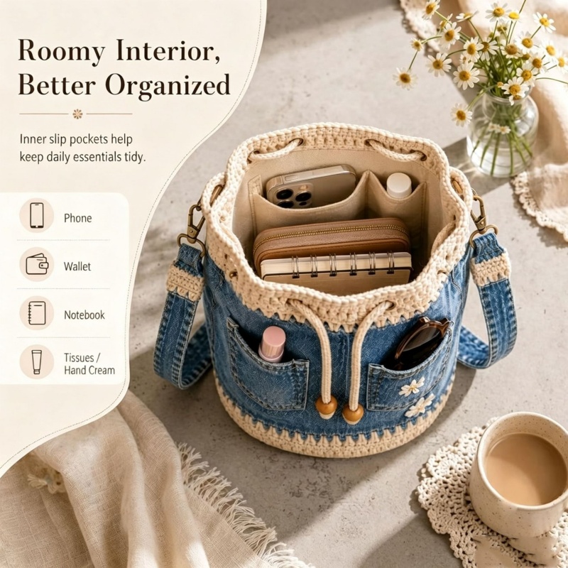 Denim Crochet Bucket Bag Handm - Crochet Market Bag 评论和价格