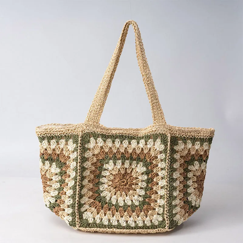 Granny Square Straw Shoulder B - Crochet Market Bag 评论和价格