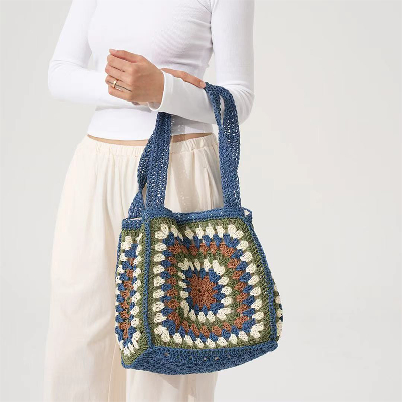Granny Square Straw Shoulder B - Crochet Market Bag 评论和价格