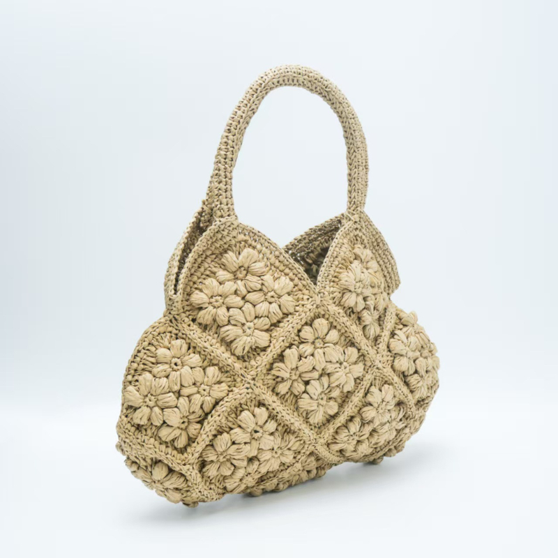 3D Floral Grass Straw Woven Ba - Crochet Market Bag 评论和价格